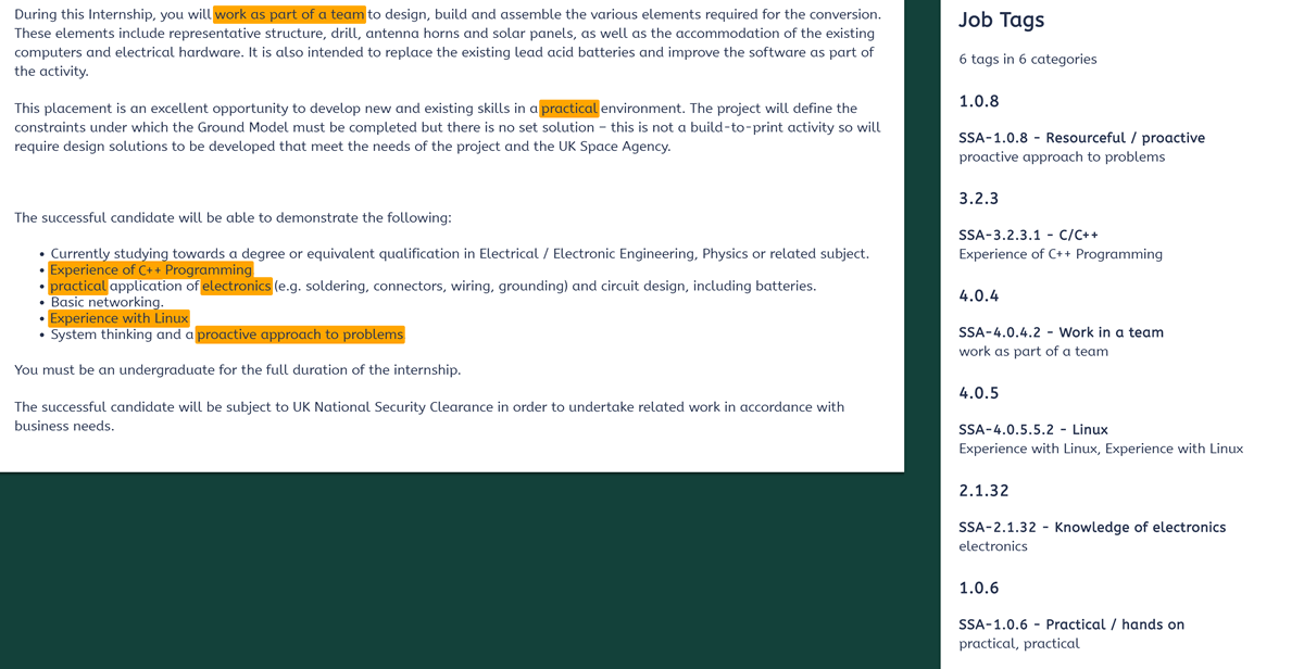 A screenshot of the tagging system. On the left is text from a job advert with certain words and phrases highlighted. On the right is a list of those words and which tag in the taxonomy they relate to.